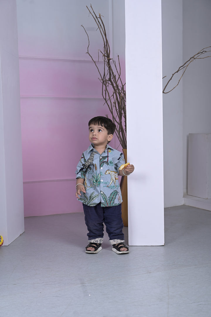 Safari Animal Printed Boy’s Shirt – Sky Blue