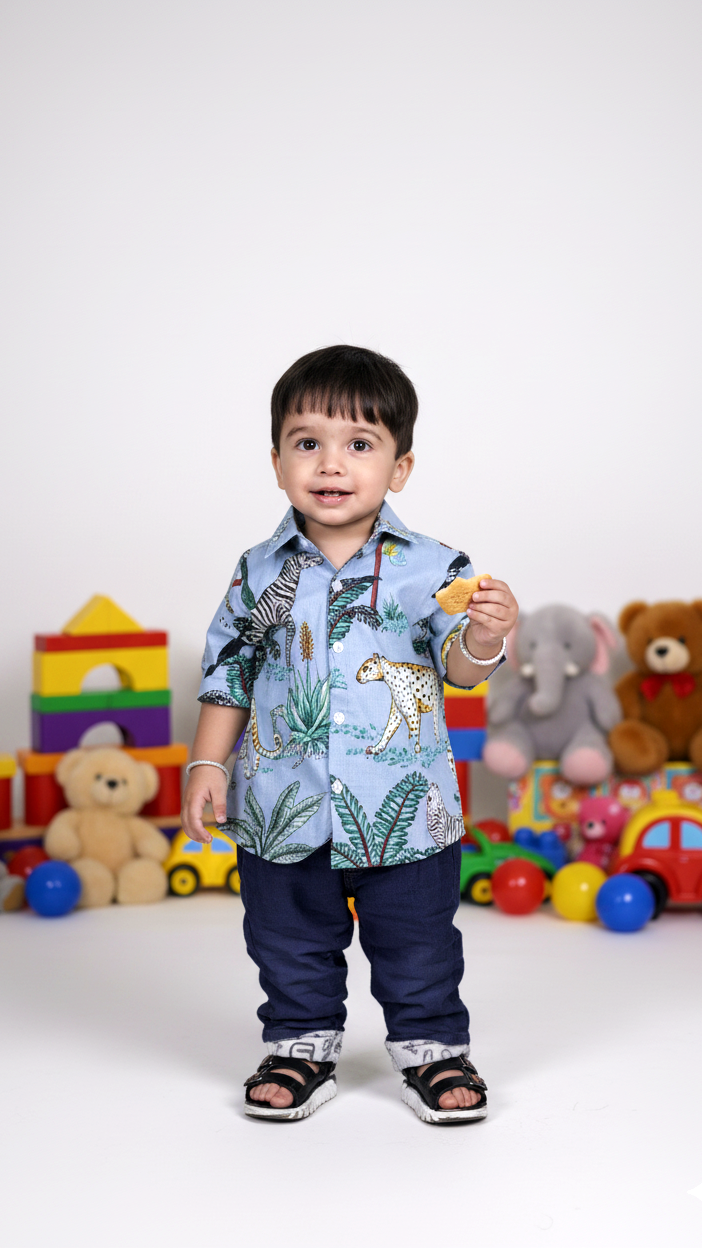 Safari Animal Printed Boy’s Shirt – Sky Blue