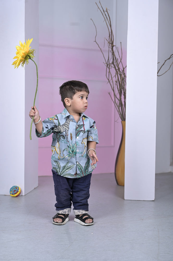 Safari Animal Printed Boy’s Shirt – Sky Blue
