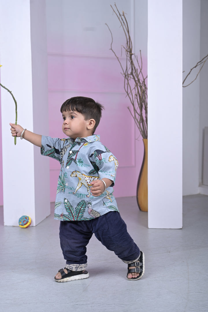 Safari Animal Printed Boy’s Shirt – Sky Blue