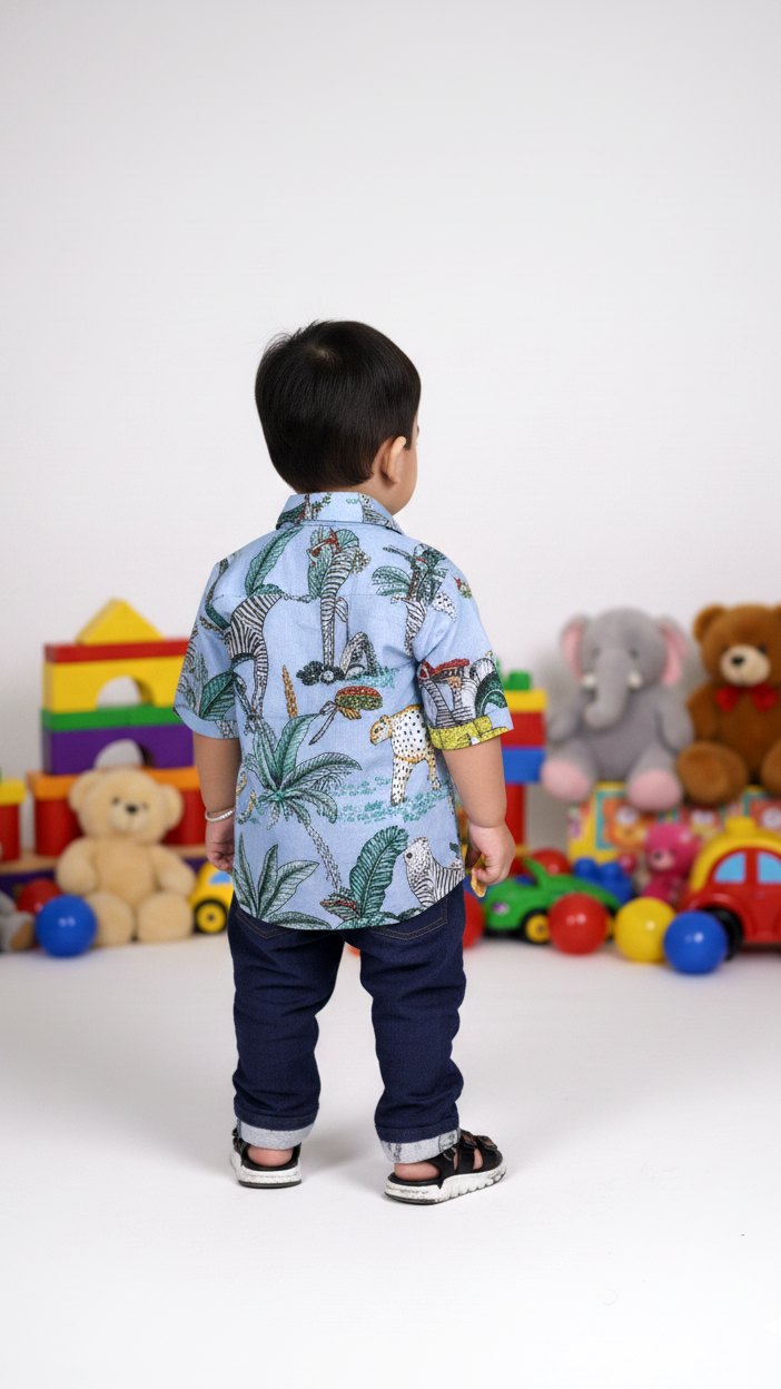 Safari Animal Printed Boy’s Shirt – Sky Blue