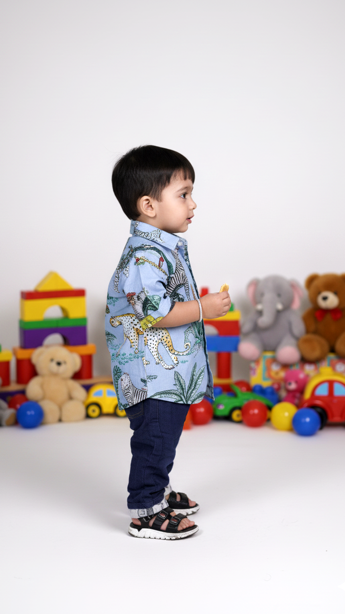 Safari Animal Printed Boy’s Shirt – Sky Blue
