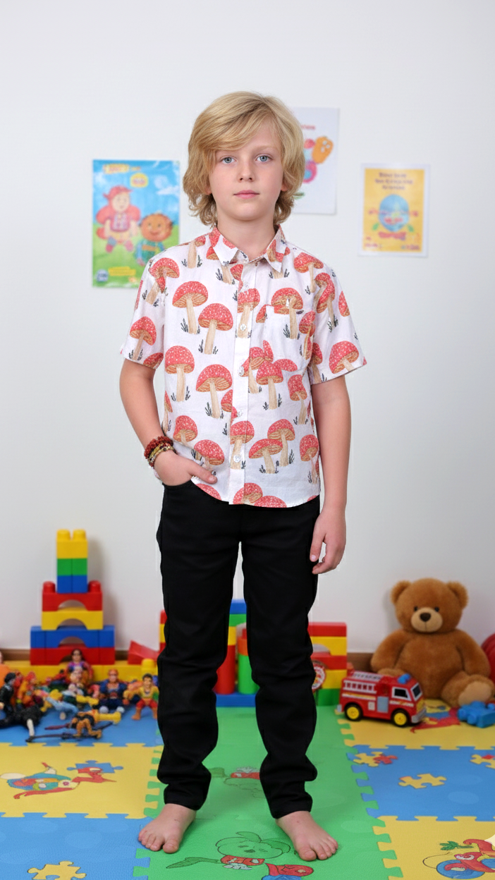 Toadstool Mushroom Print Boy’s Shirt – White
