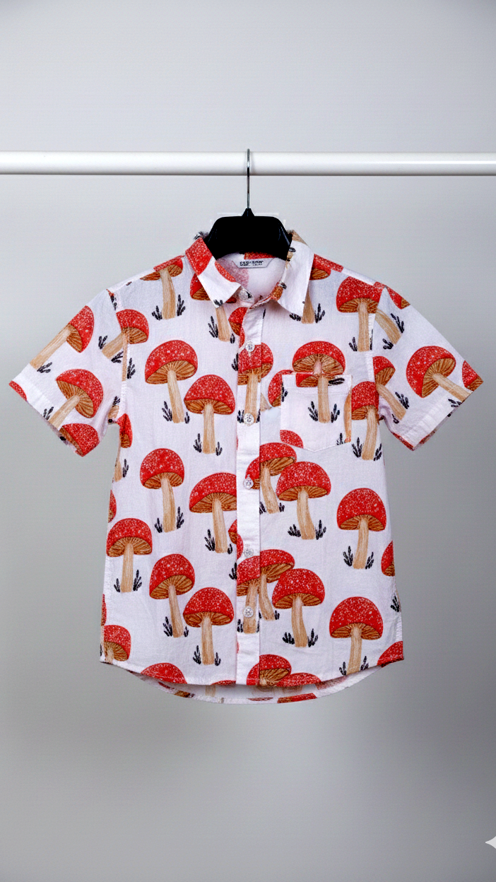Toadstool Mushroom Print Boy’s Shirt – White