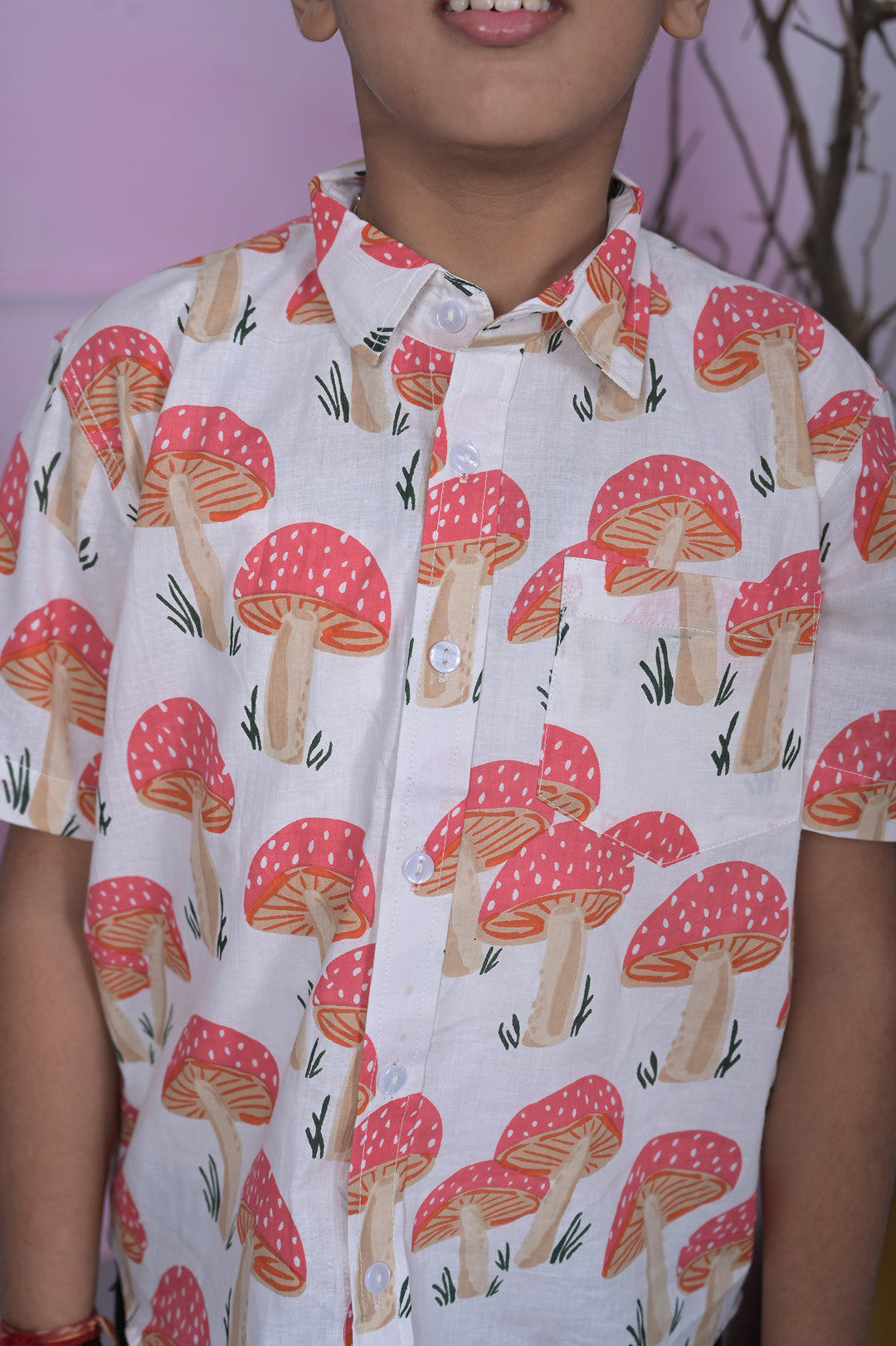 Toadstool Mushroom Print Boy’s Shirt – White