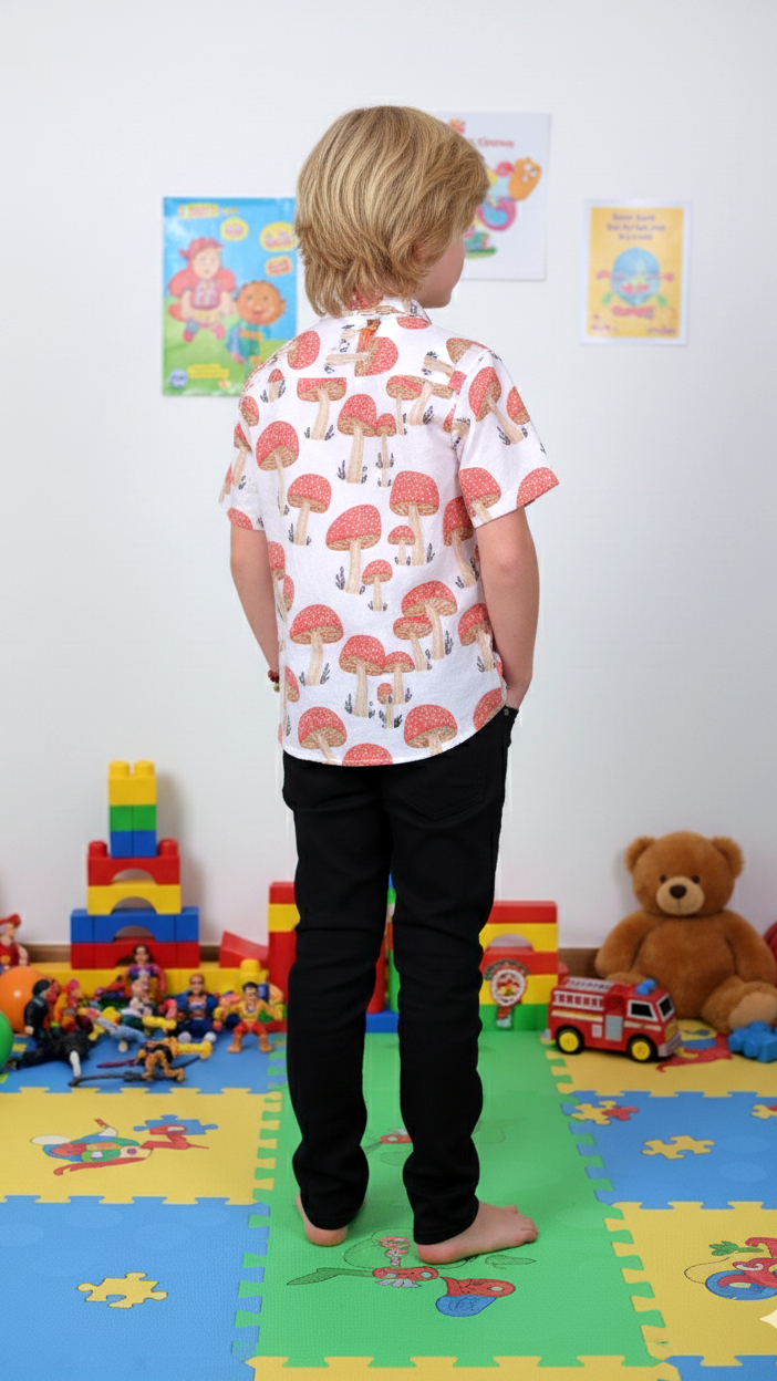 Toadstool Mushroom Print Boy’s Shirt – White