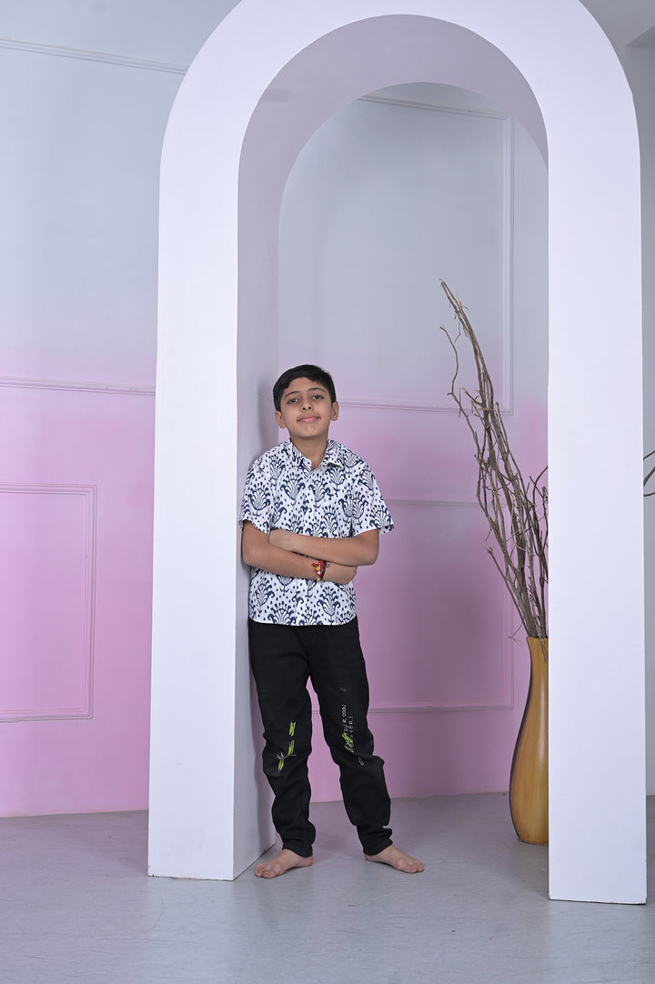 Indigo Block Print Boy’s Shirt – White & Navy