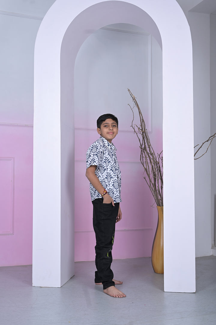 Indigo Block Print Boy’s Shirt – White & Navy