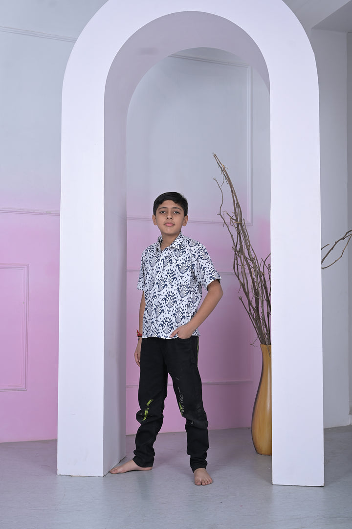 Indigo Block Print Boy’s Shirt – White & Navy