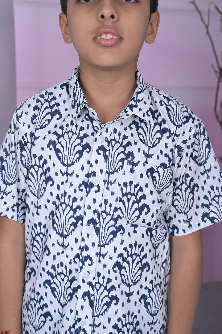 Indigo Block Print Boy’s Shirt – White & Navy
