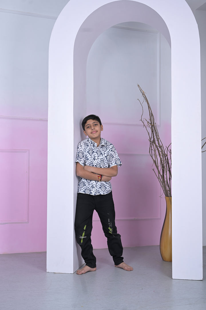 Indigo Block Print Boy’s Shirt – White & Navy