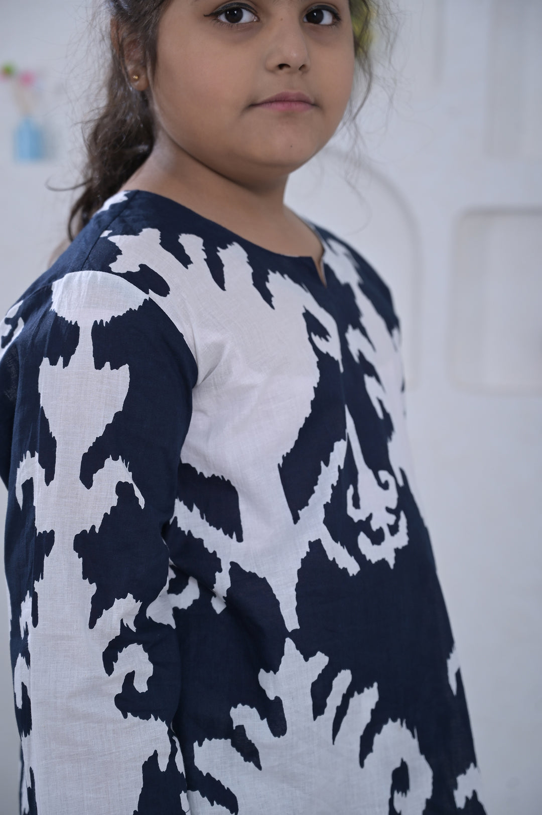 Navy Ikat Print Girl’s Co-ord Set – Blue & White