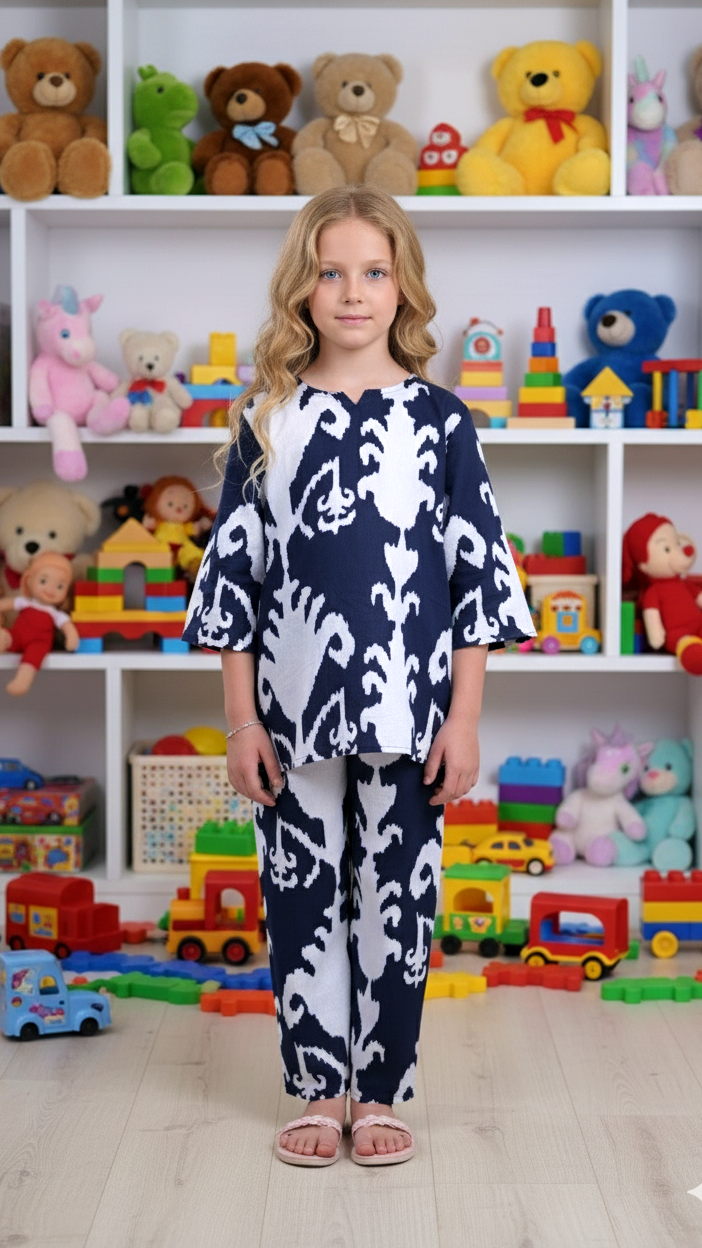 Navy Ikat Print Girl’s Co-ord Set – Blue & White