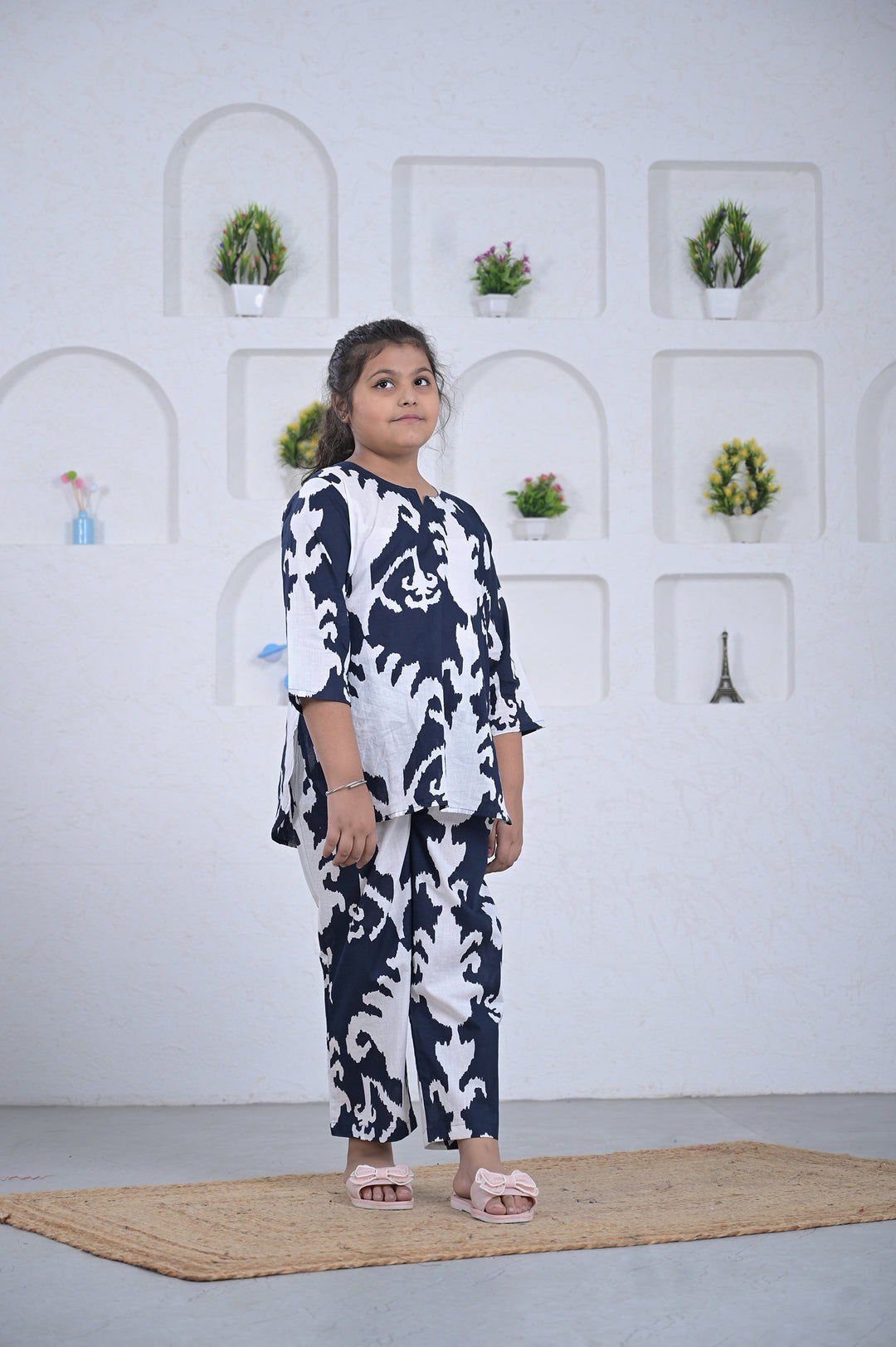 Navy Ikat Print Girl’s Co-ord Set – Blue & White