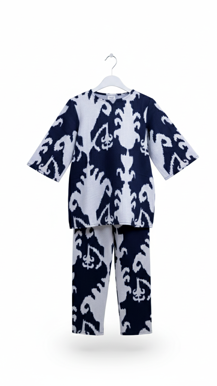 Navy Ikat Print Girl’s Co-ord Set – Blue & White