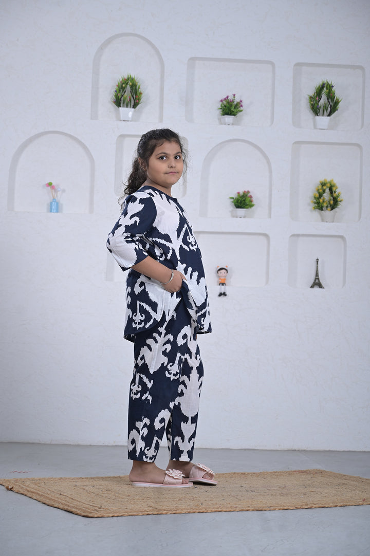 Navy Ikat Print Girl’s Co-ord Set – Blue & White
