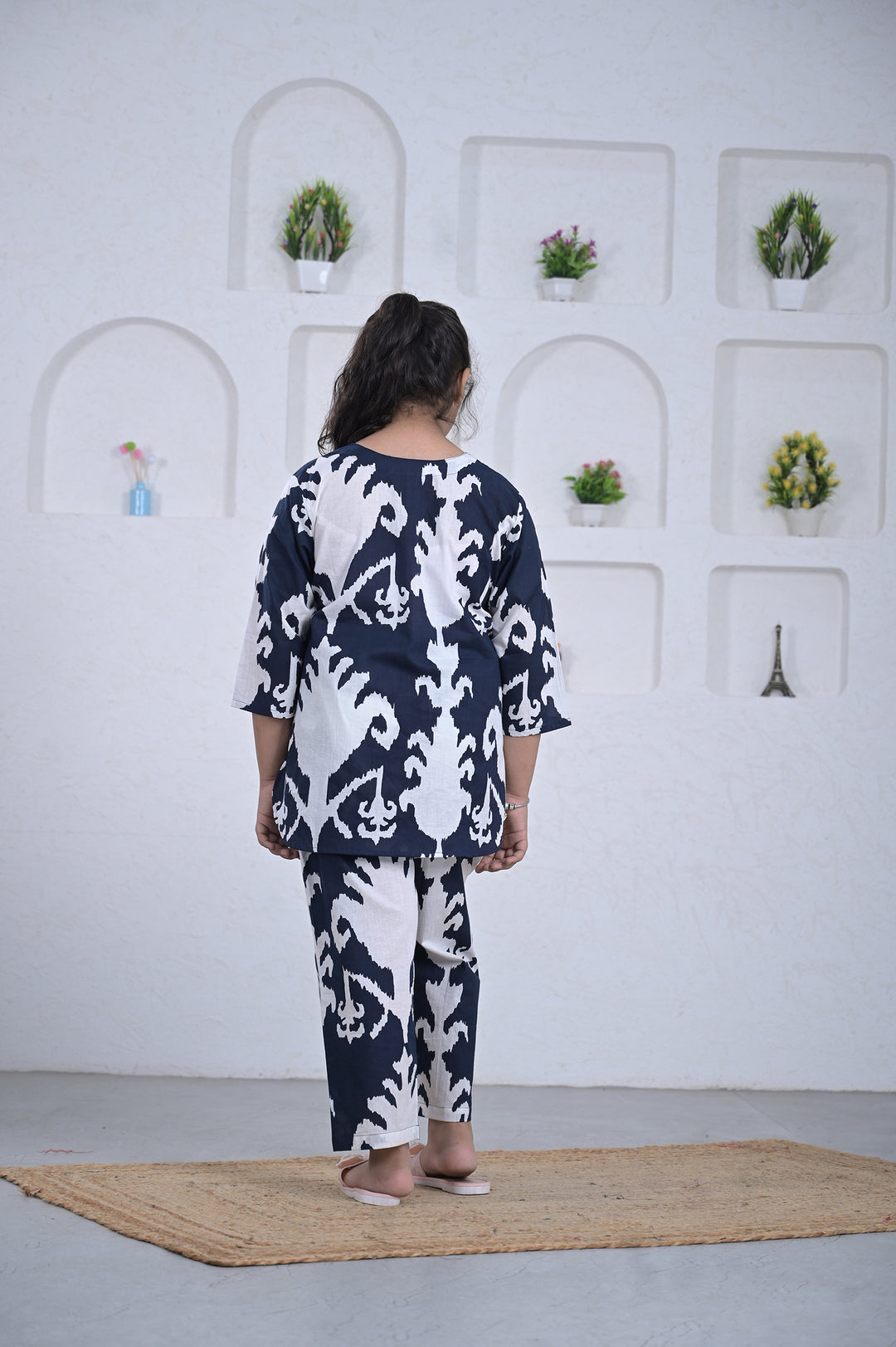 Navy Ikat Print Girl’s Co-ord Set – Blue & White