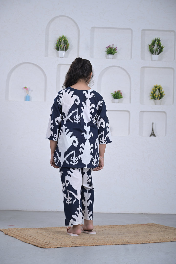 Navy Ikat Print Girl’s Co-ord Set – Blue & White