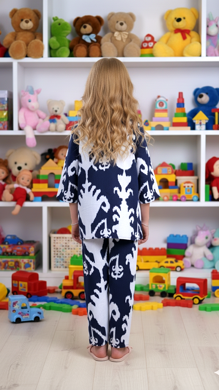 Navy Ikat Print Girl’s Co-ord Set – Blue & White