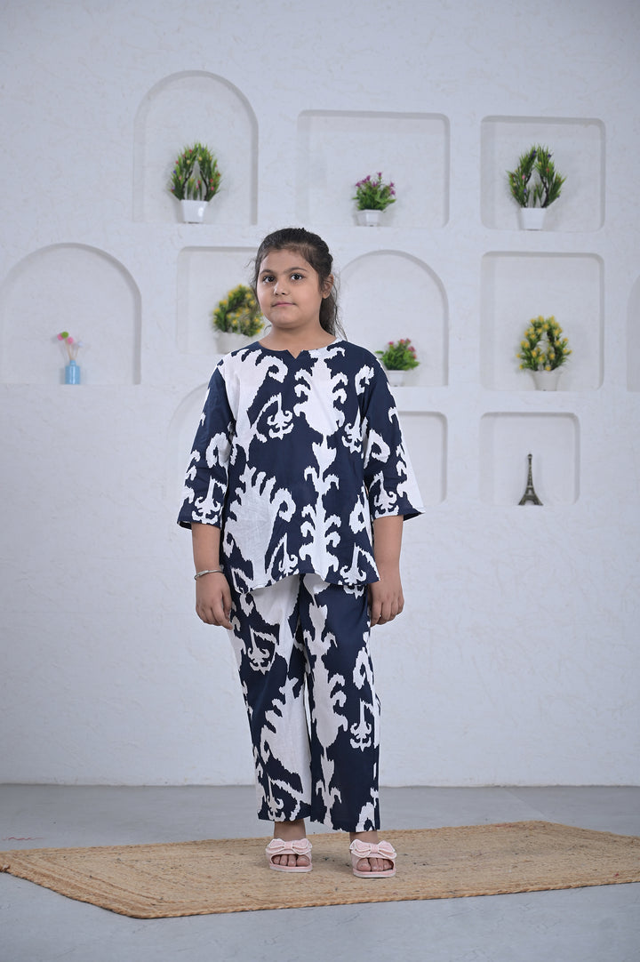 Navy Ikat Print Girl’s Co-ord Set – Blue & White