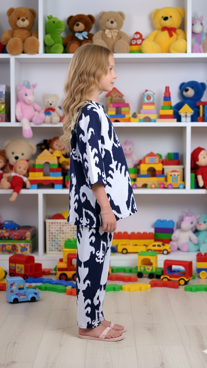 Navy Ikat Print Girl’s Co-ord Set – Blue & White