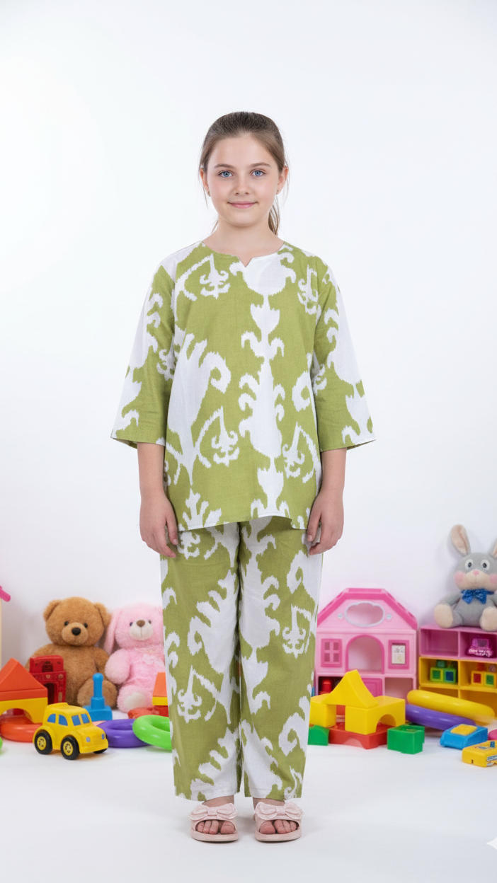 Olive Ikat Print Girl’s Co-ord Set – Olive & White
