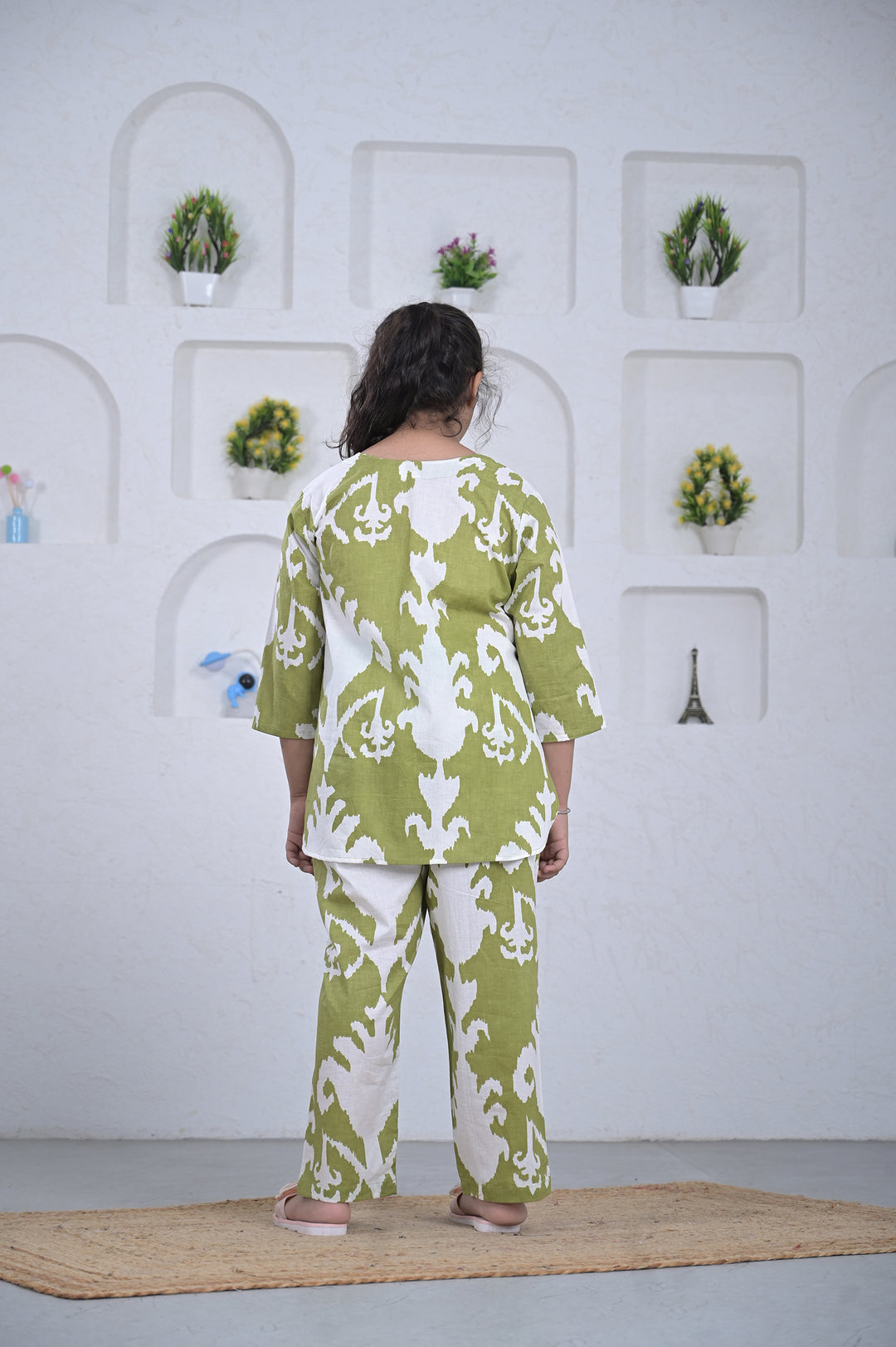Olive Ikat Print Girl’s Co-ord Set – Olive & White