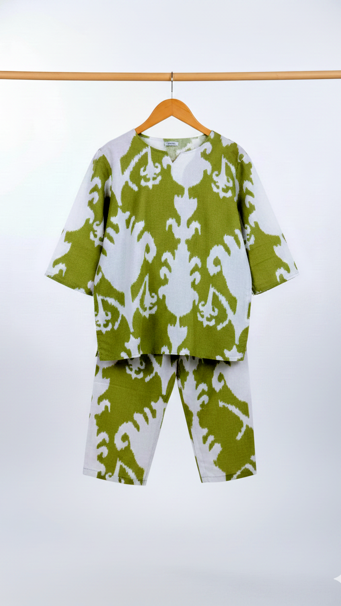 Olive Ikat Print Girl’s Co-ord Set – Olive & White