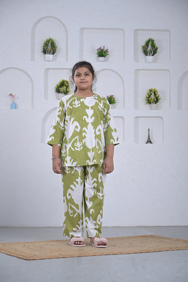 Olive Ikat Print Girl’s Co-ord Set – Olive & White
