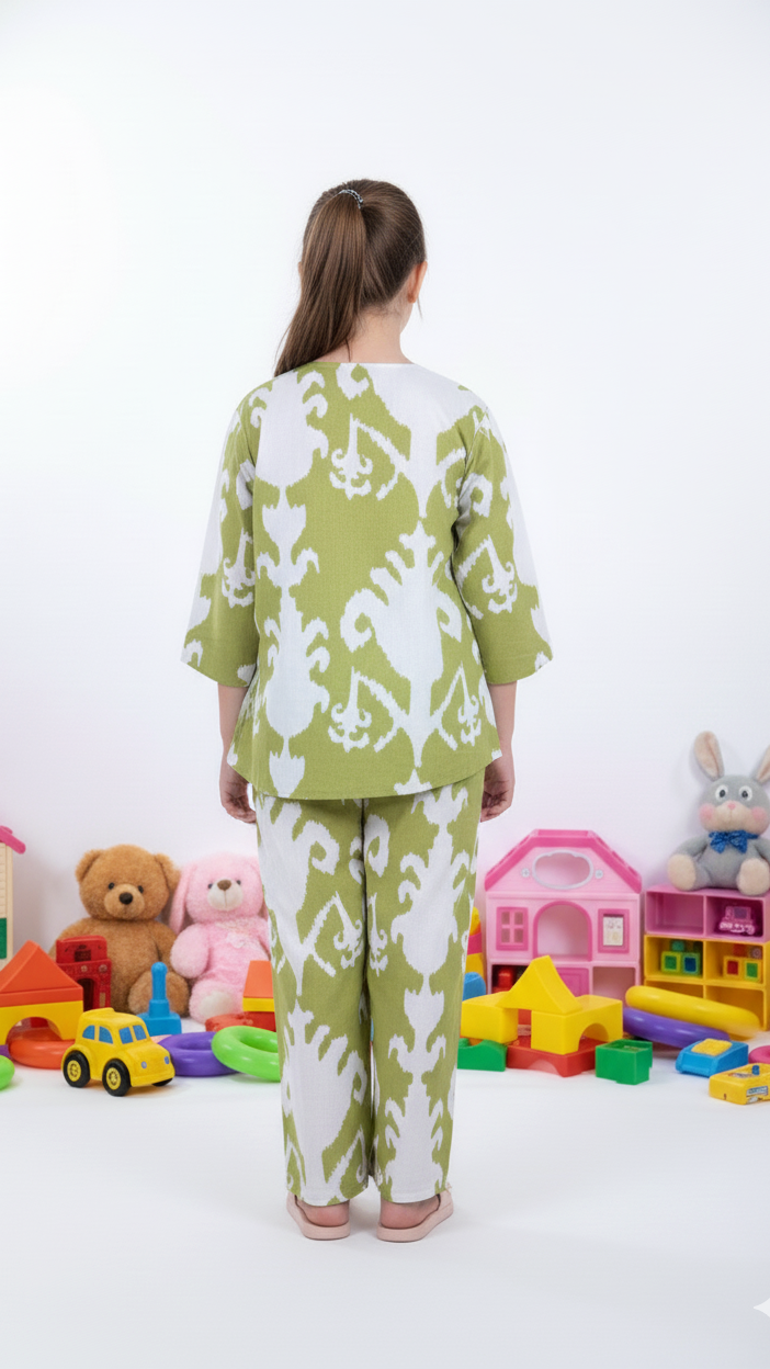 Olive Ikat Print Girl’s Co-ord Set – Olive & White