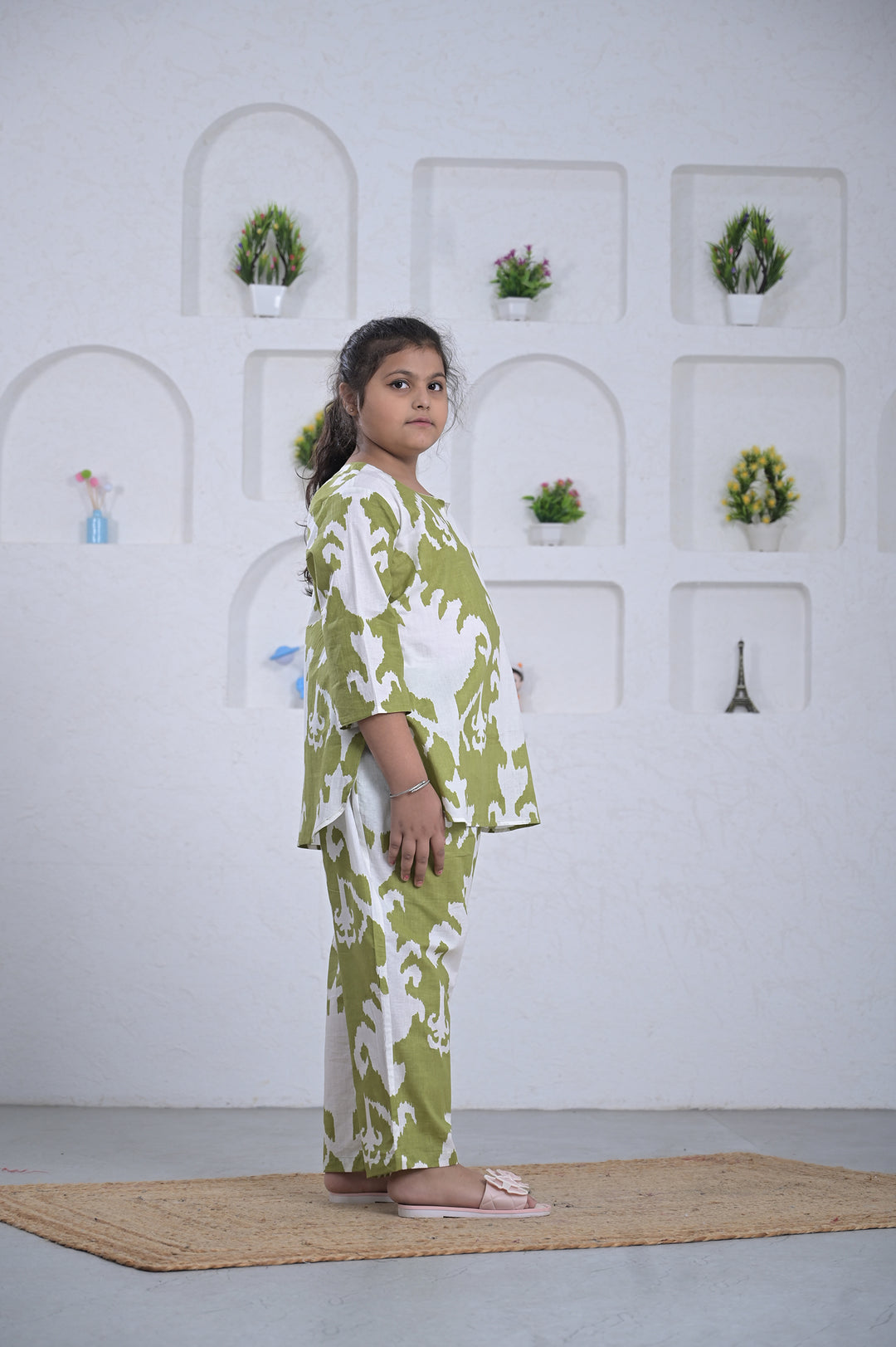 Olive Ikat Print Girl’s Co-ord Set – Olive & White