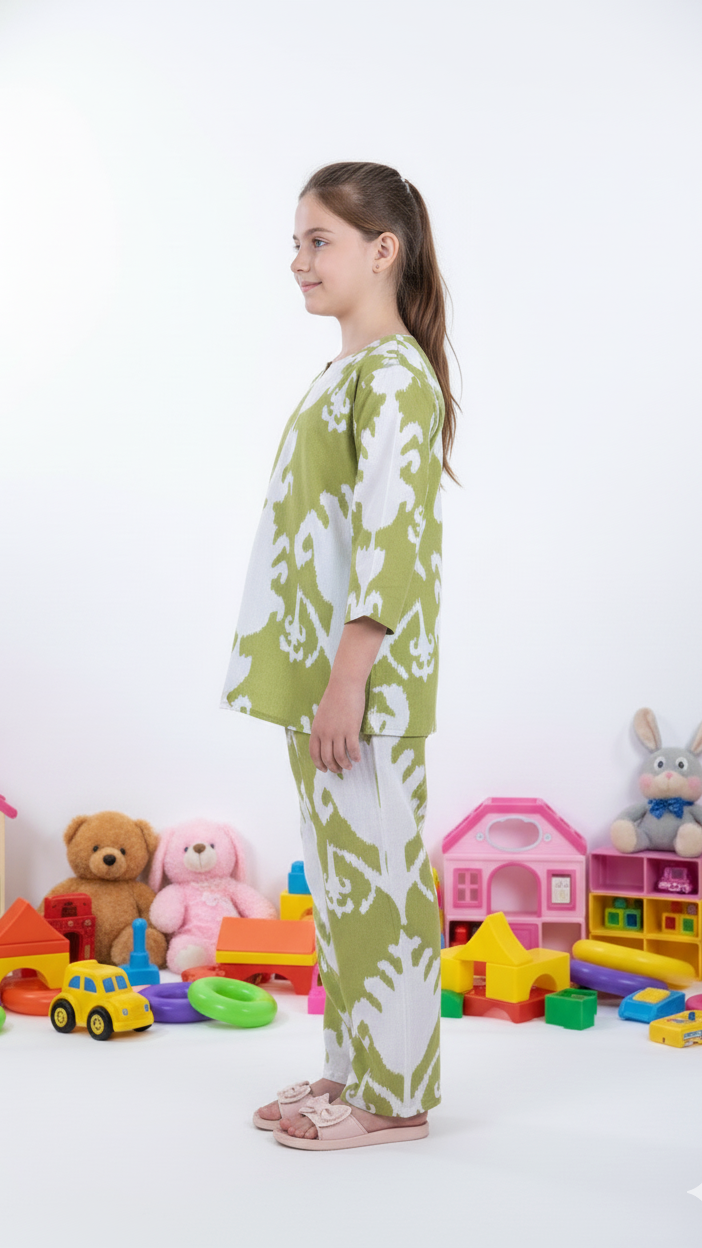 Olive Ikat Print Girl’s Co-ord Set – Olive & White