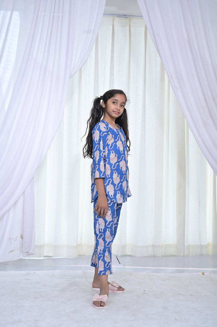 Blue Cat Print Girls Cord Set