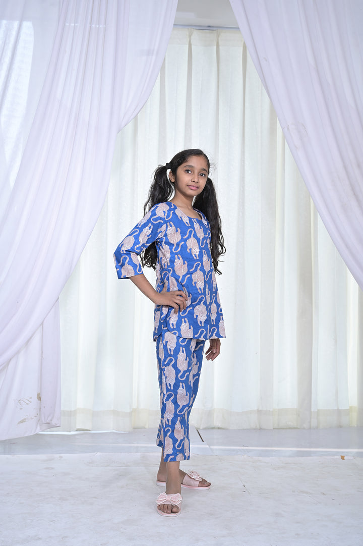 Blue Cat Print Girls Cord Set