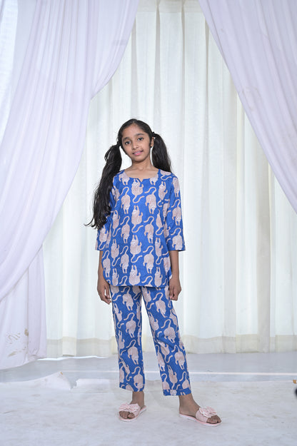 Blue Cat Print Girls Cord Set