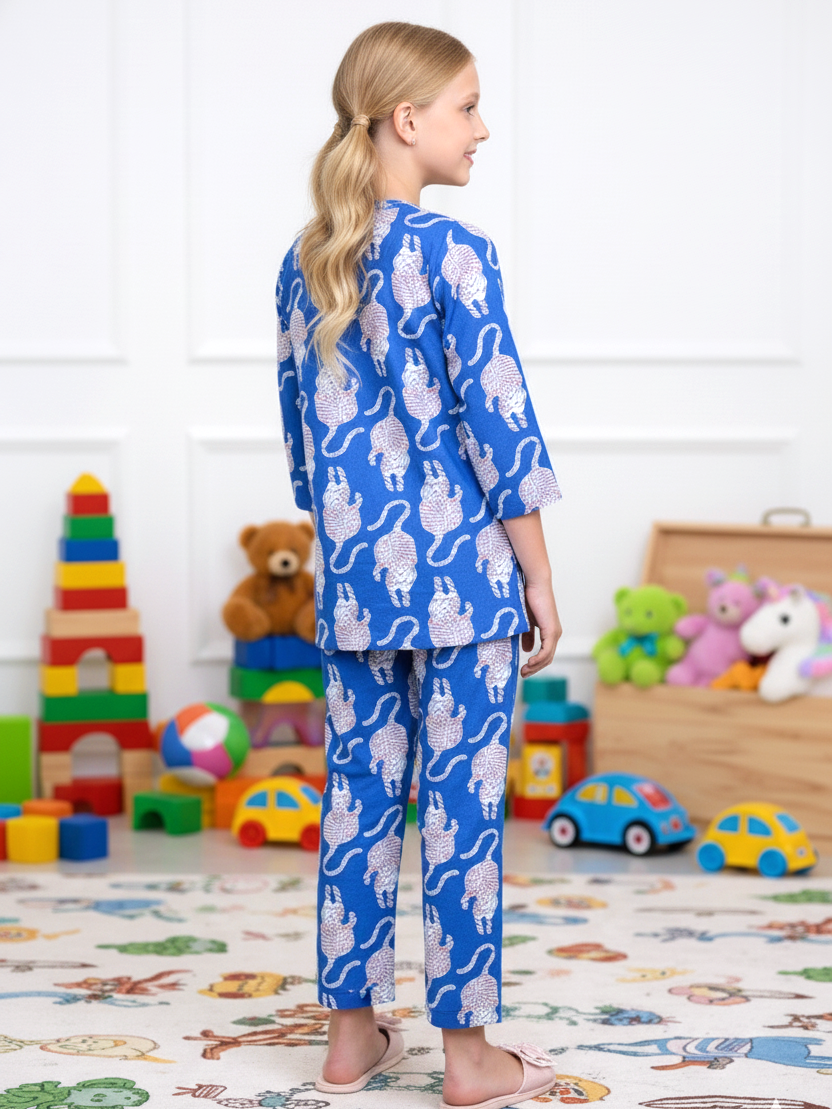 Blue Cat Print Girls Cord Set